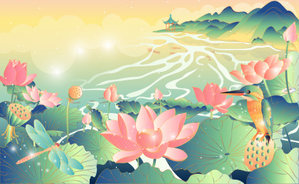 杭州西湖十景场景矢量荷花插画