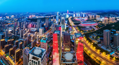 航拍天津城市中心建筑夜景
