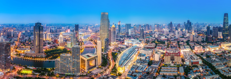 航拍天津城市中心建筑夜景