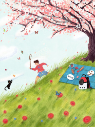 春天男孩在山坡上春游