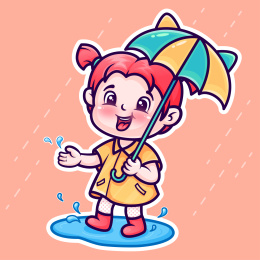 儿童节 可爱小女孩雨中打伞踩水