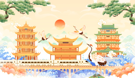 国潮风江南三大名楼古建筑矢量插画