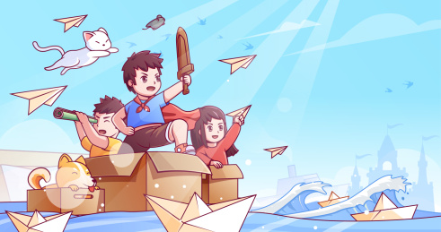 小孩们站在纸箱子上面玩游戏矢量插画