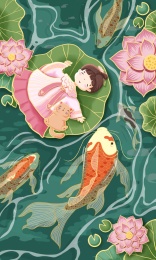 小女孩在荷叶中遇见锦鲤