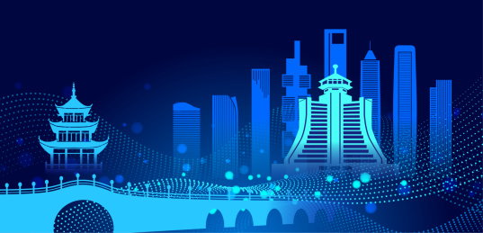 中国贵州贵阳市城市天际线夜景矢量插画蓝色