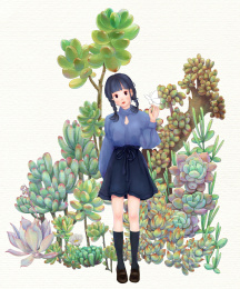站在多肉植物丛中的花农女孩插画