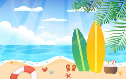 夏天海边冲浪板的风景矢量插画