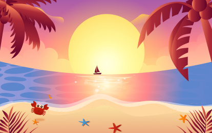 夏天海边夕阳的风景矢量插画
