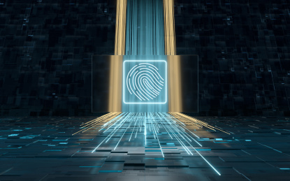 黑色背景下的指纹与发光的线条 3D渲染