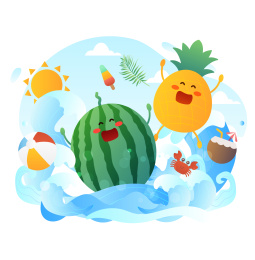 夏天海边菠萝西瓜的矢量插画