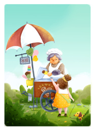 夏日公园里卖冰棍的老奶奶和小女孩