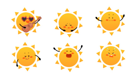 可爱太阳拟人表情矢量插图