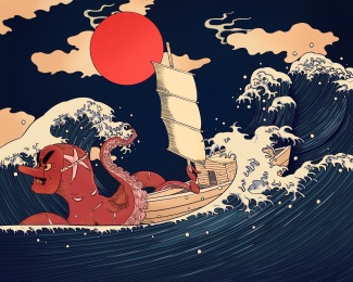 滔天巨浪中的章鱼和渔船，浮世绘风格插画