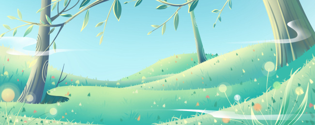 阳光照耀下的童话森林横板长图插画