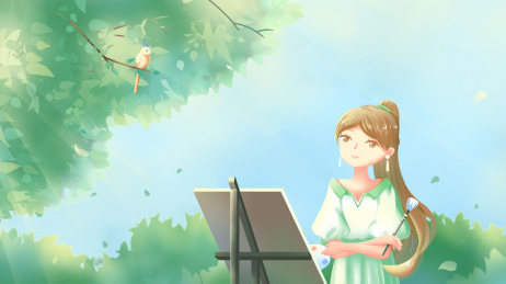 夏天阳光中画画的少女看着树枝上的小鸟