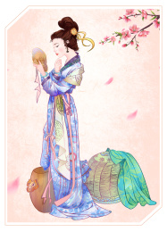 身穿蓝色古装长裙正在照镜子的女人