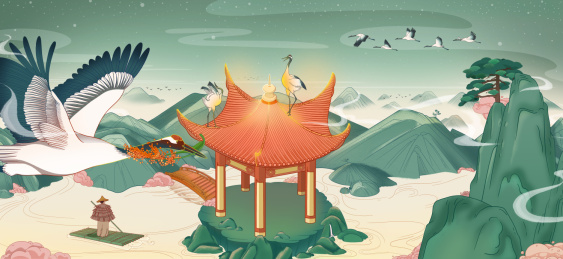 国风仙鹤山水凉亭