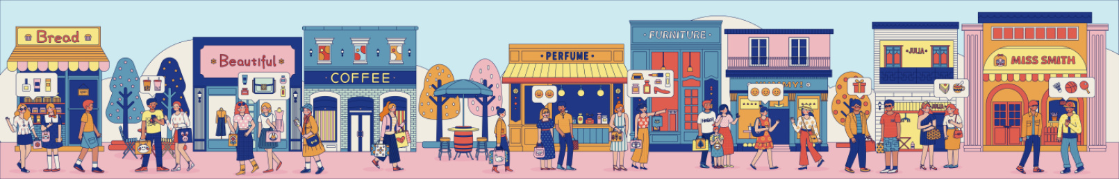 热闹潮流的大街上一群路人在逛街购物聊天