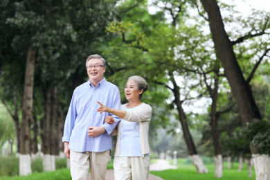 幸福的老年夫妇在公园散步
