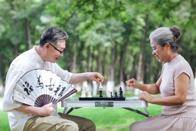 幸福的老年夫妇在公园下棋