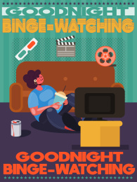 晚安追剧人宅家居家奶茶看电视青年扁平插画