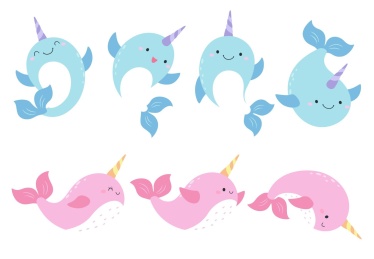 八只独角鲸不同的动作站立游泳或摆动尾巴