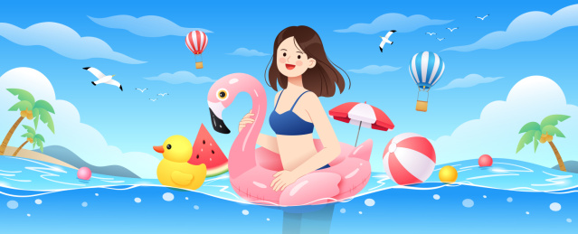 夏天在海上度假游泳的女孩和海景插画