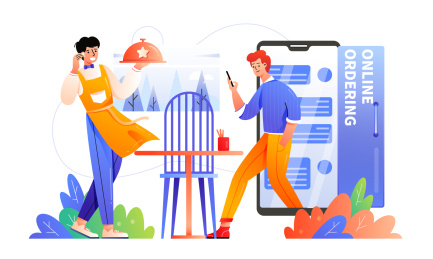 男青年拿着手机看菜谱订餐