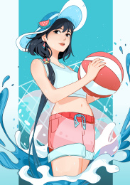 夏天在海边玩沙滩球/夏至海滩上玩水的女生