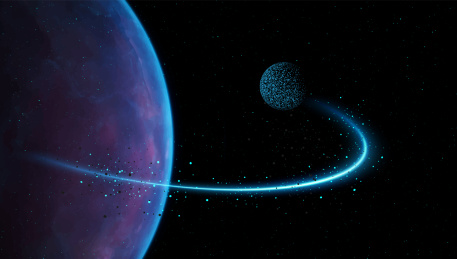 抽象矢量卫星绕蓝色星球延轨道运行科技背景