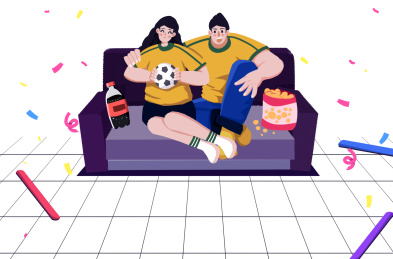 卡通手绘情侣看球欢呼开心插画