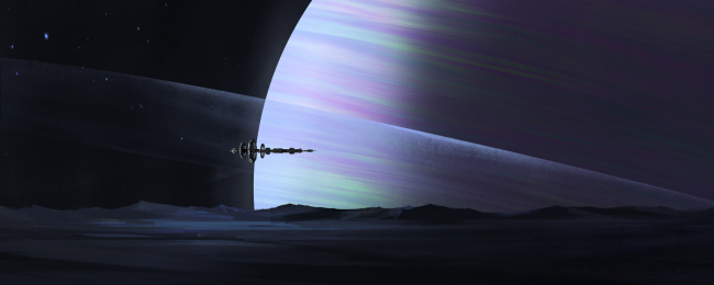 宇宙飞船孤独的航行在异星的上空