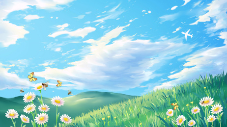 开满鲜花的草原上飞过一架飞机矢量插画