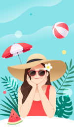 夏天戴着草帽墨镜的女人和叶子等背景