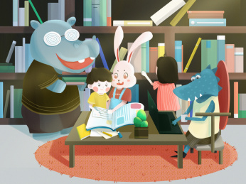 儿童和动物在图书馆看书