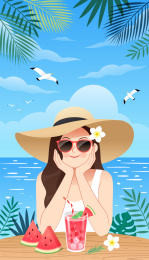 夏日戴着草帽在海边度假的女人