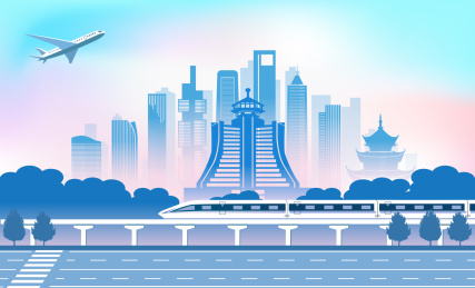 中国贵州贵阳市城市旅游交通商务插画蓝色