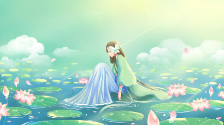 阳光中池塘莲花丛中有一位坐在莲叶上的少女