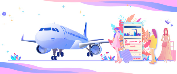 美女用手机网上订机票去旅游插画