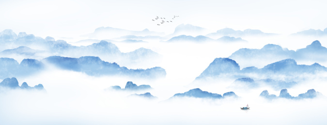 大气蓝色意境山水画