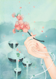 芳华唯美古风插画拿着桃花枝少女的手