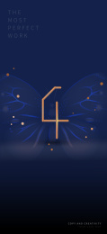 蓝色背景金色蝴蝶线条数字4创意设计海报