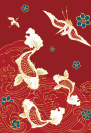 喜庆过节鲤鱼海浪翻滚仙鹤飞天花朵飘落矢量
