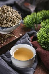 装在碟子里的君山银针茶叶茶汤