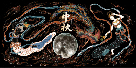 中秋节敦煌壁画飞天人物插画背景