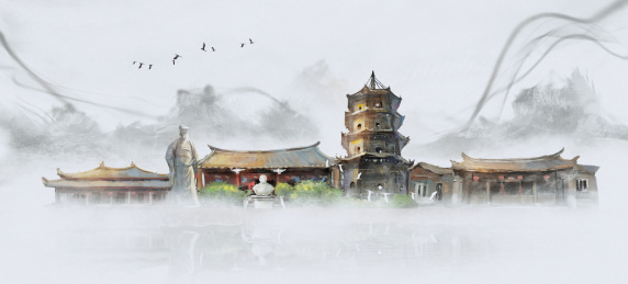 泉州古迹文化建筑地标背景插画
