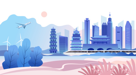 中国广东惠州市城市旅游景观矢量插画粉色