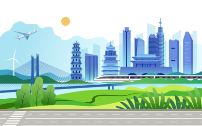 中国广东惠州市城市旅游景观矢量插画蓝色