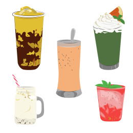 五杯手绘矢量奶茶