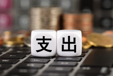 笔记本电脑上计算器和硬币前的文字支出